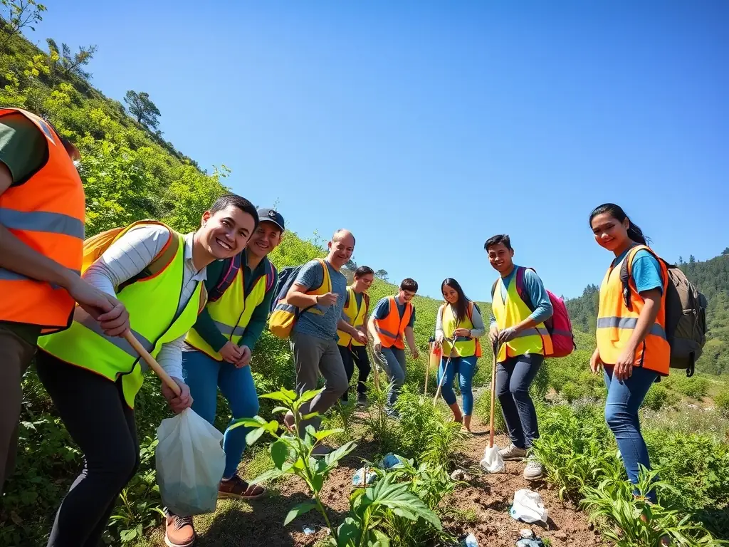 A photograph of volunteers maintaining a local hiking trail, emphasizing the organization's commitment to environmental conservation and community involvement.