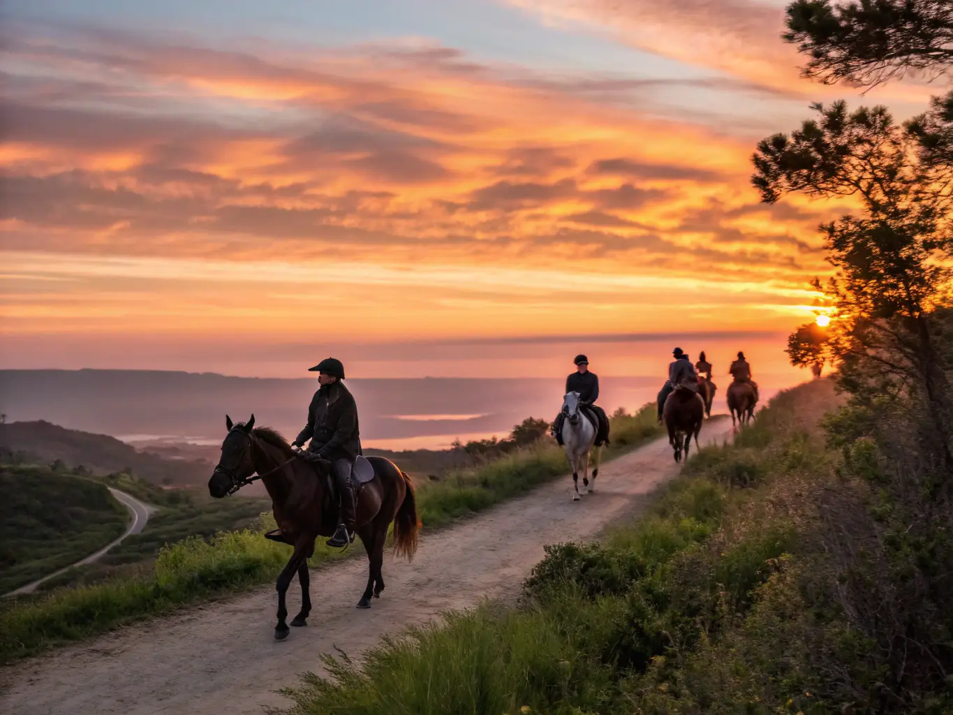 A group of riders and their horses crossing a scenic trail at sunrise, showcasing the beauty of endurance riding in a natural setting.