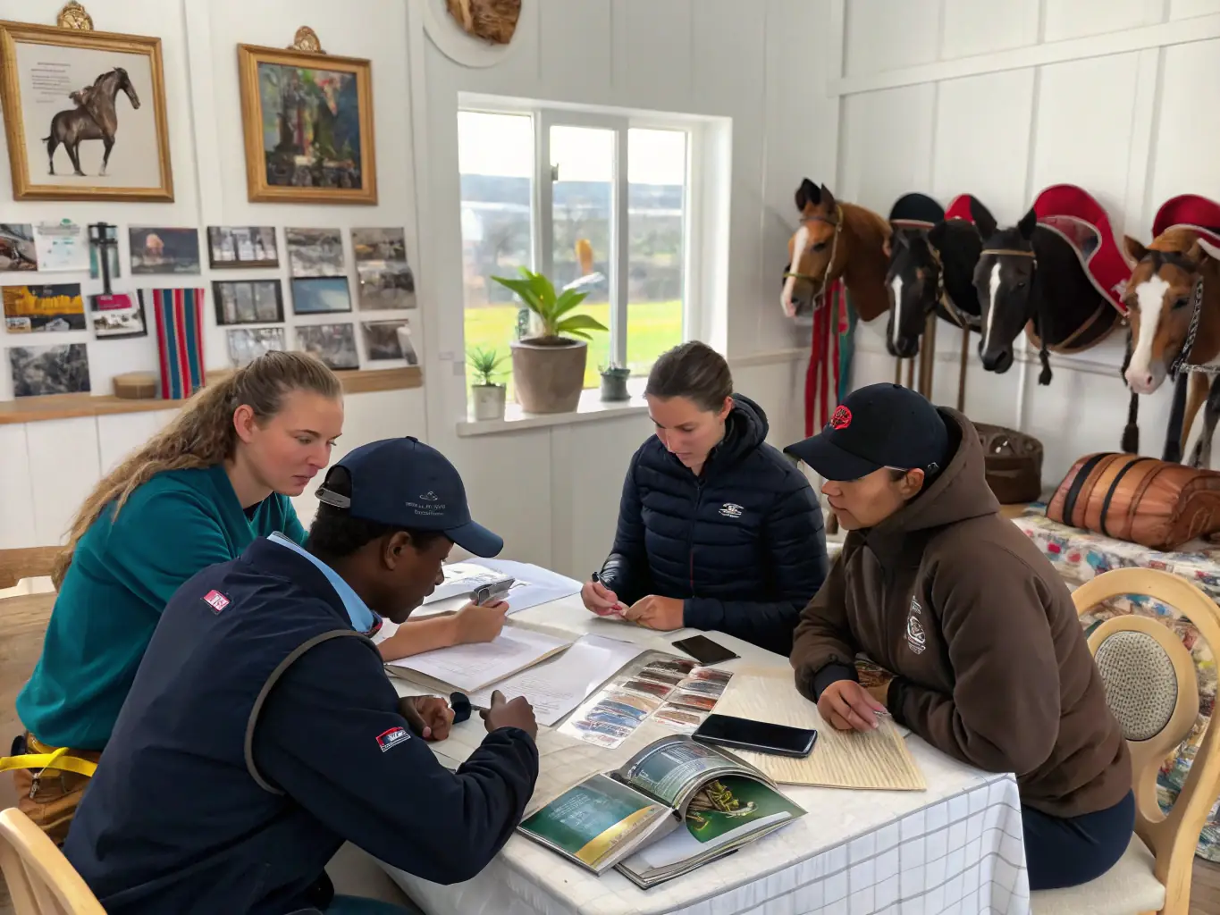 A diverse group of people participating in an educational workshop on horse care, highlighting the organization's focus on knowledge sharing and community education.